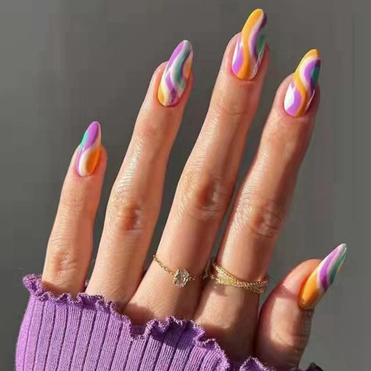 Press on nails Colorful Stripes Almond False Nails nail supplies for professionals Removable Fake Nails for French Ballet Nail humolife