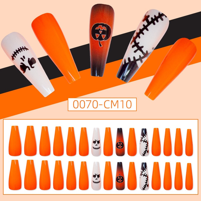 24Pcs Halloween False Nails Wearable French Long Fake Nails Coffin Ballet Press on Nail Black Pumpkin Patch Design Manicure Tips humolife