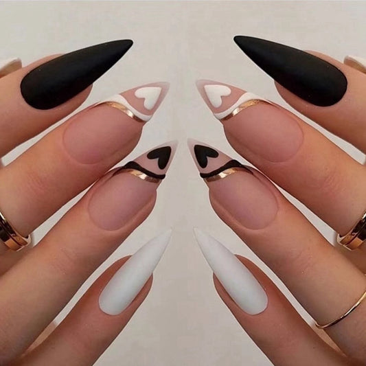 Stiletto False Nails Full Cover Nail Tips Almond Fake Nails With Heart Gold Line Pearl Design Press On Nails Full Cover Nail Tip humolife