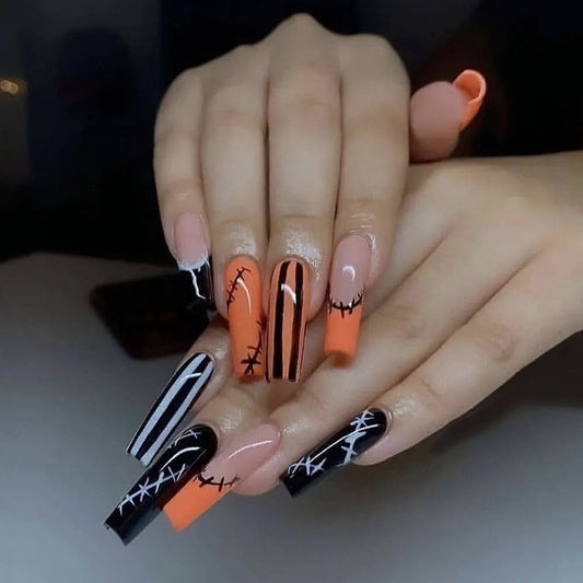 24Pcs Halloween False Nails Wearable French Long Fake Nails Coffin Ballet Press on Nail Black Pumpkin Patch Design Manicure Tips humolife
