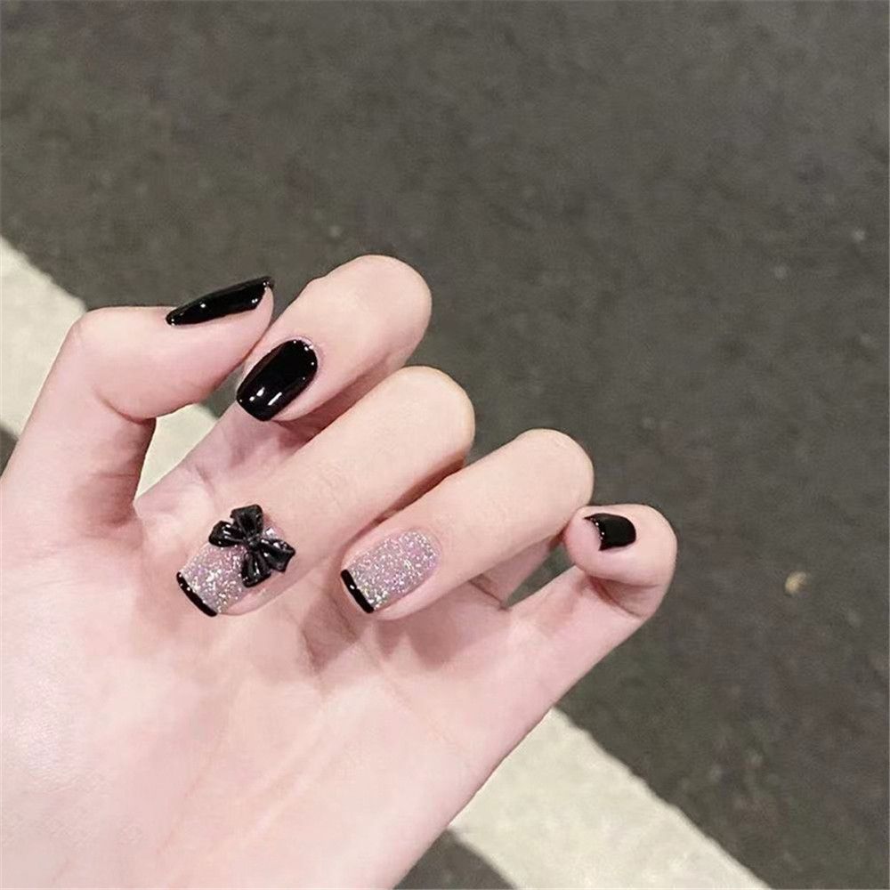 24pcs False Nail Full Cover Fake Nail Elegant Pink Gradient Glitter French Short Nails Coffin Short False Nail Press On Nails humolife