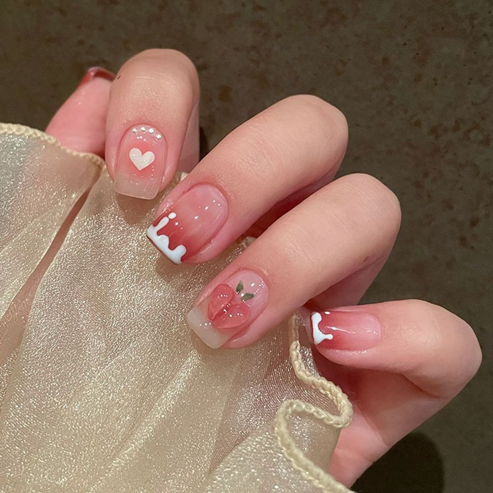24pcs False Nail Full Cover Fake Nail Elegant Pink Gradient Glitter French Short Nails Coffin Short False Nail Press On Nails humolife