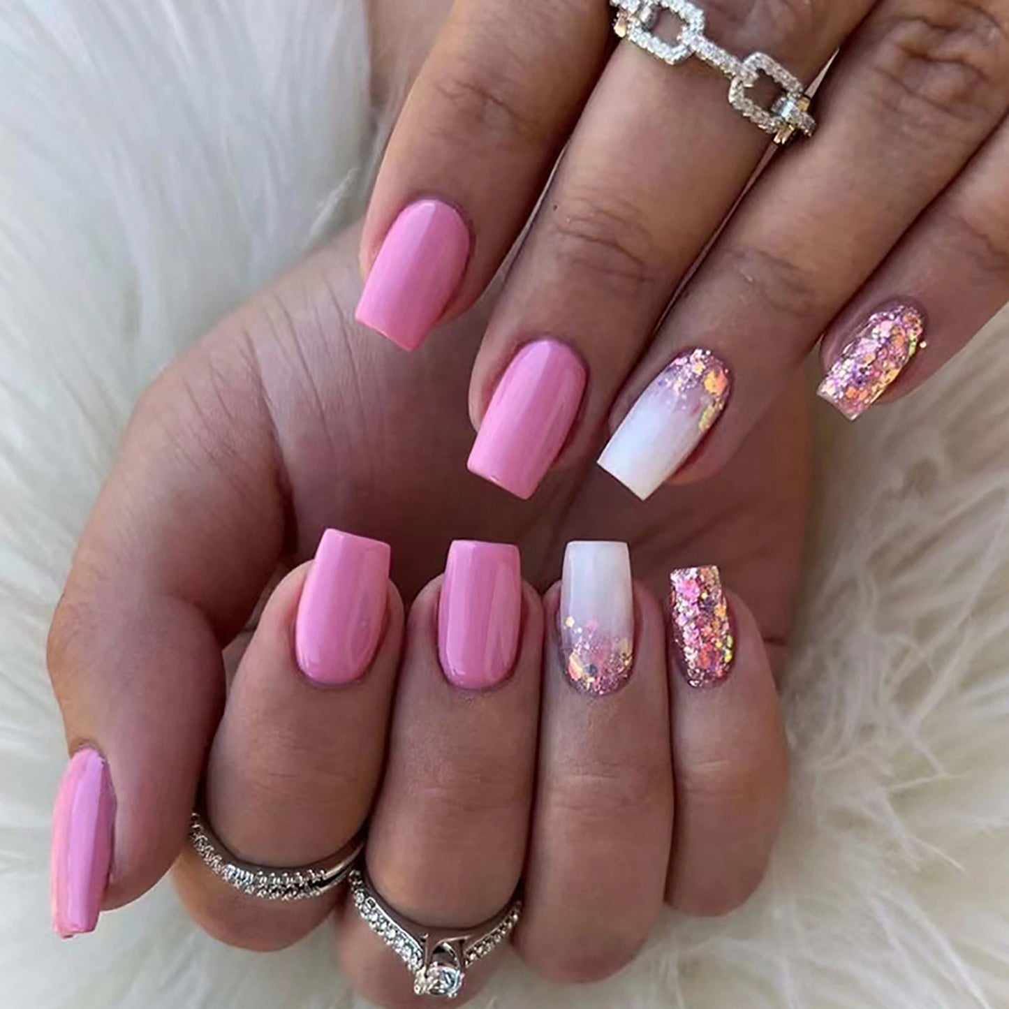 24pcs False Nail Full Cover Fake Nail Elegant Pink Gradient Glitter French Short Nails Coffin Short False Nail Press On Nails humolife