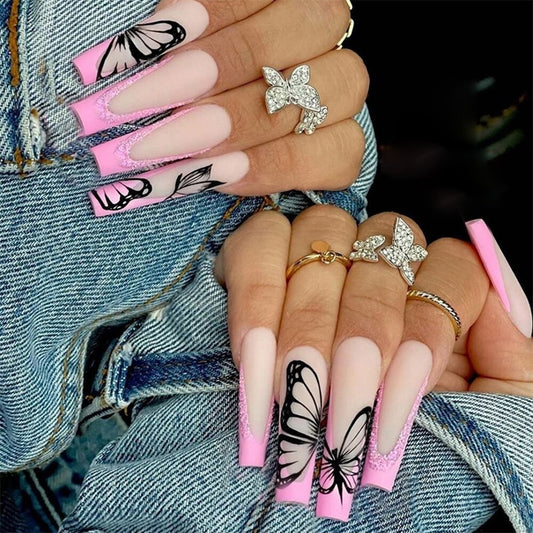 24pc Press On Nails Long Coffin Fake Nails Butterfly Design French False Nails Rhinestone Acrylic Fingernail Decal Ballerina Tip humolife